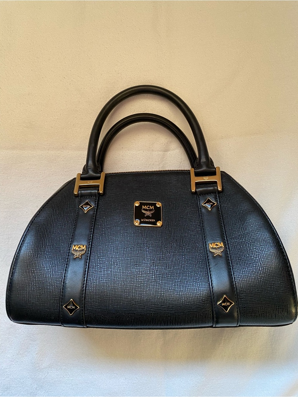 MCM Black Leather Dome Satchel with Gold Plaque Hardware